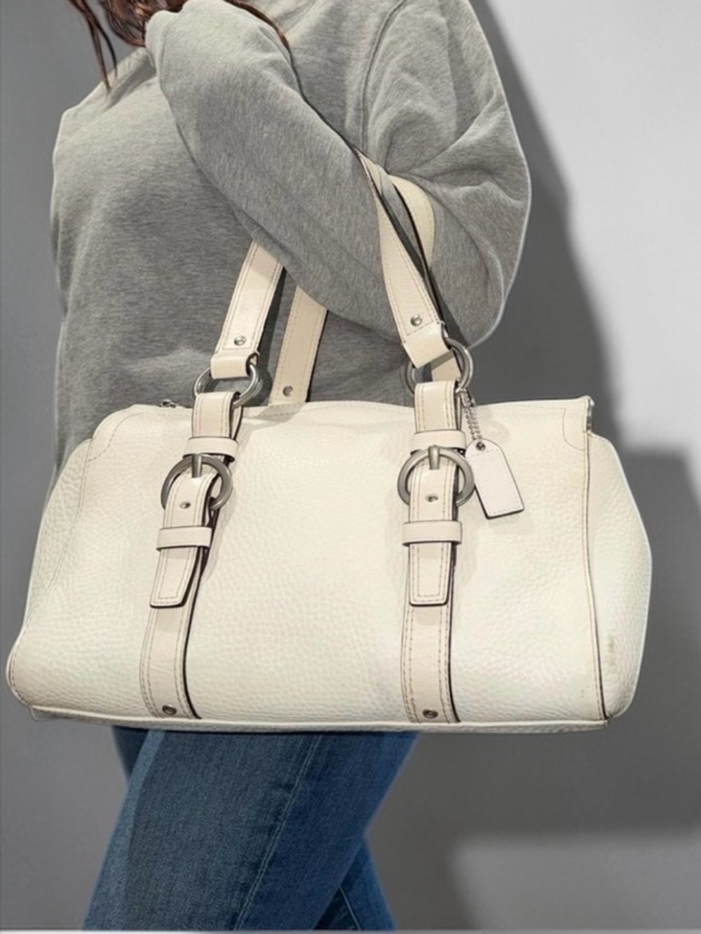 Coach Off White Pebbled Leather Chelsea Zip Satchel Handbag Women’s - Picture 2 of 10